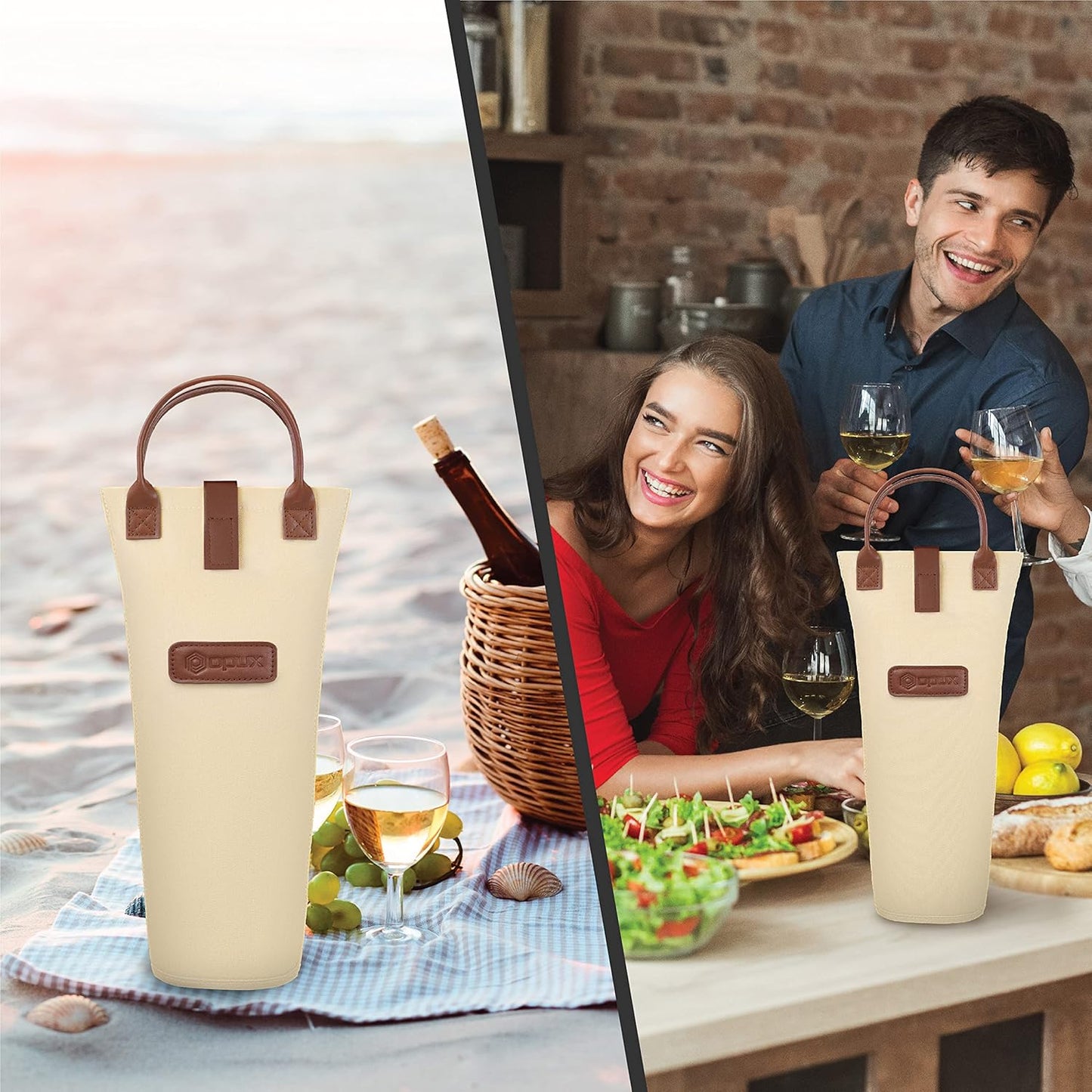 Wine Bag Single Bottle Carrier Tote, Insulated Travel Wine Cooler Bag for Picnic Beach Gift, Thermal Padded Portable One Bottle Holder Carrying Case for Women Men Wine Lovers, Cream Beige