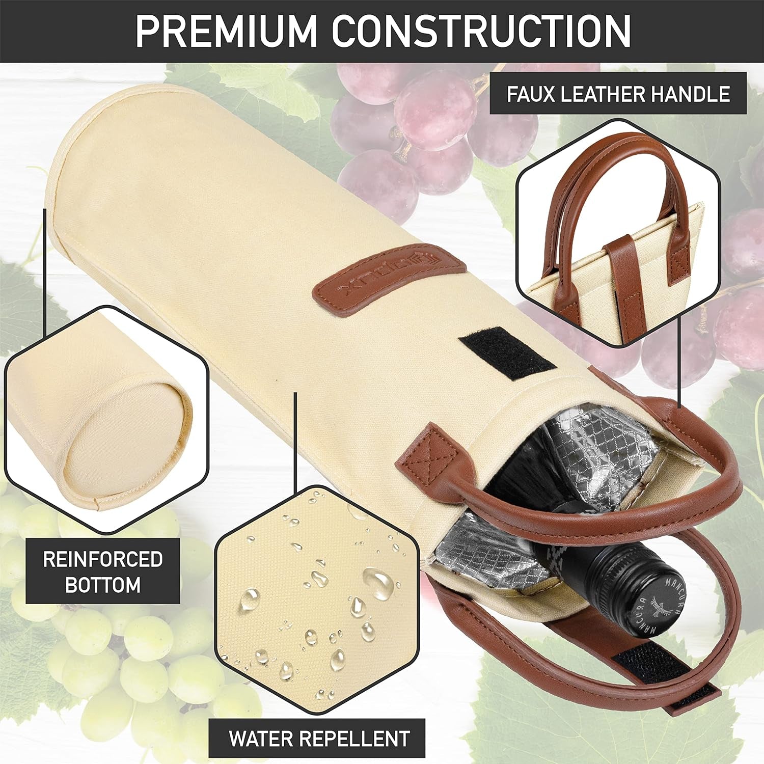 Wine Bag Single Bottle Carrier Tote, Insulated Travel Wine Cooler Bag for Picnic Beach Gift, Thermal Padded Portable One Bottle Holder Carrying Case for Women Men Wine Lovers, Cream Beige